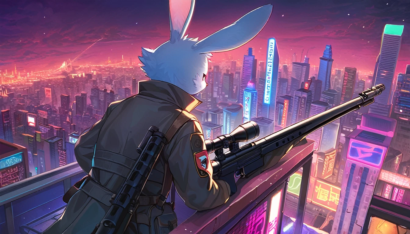 ((Masterpiece)), ((Best Quality)), (Very Detailed), ((Very Detailed)), 4K, (8K), very aesthetic, absurdres highres, 1man, anthropomorphic rabbit, furry, kemono, A sniper wearing a black trench coat, with a sniper rifle, on the rooftop of a high-rise building, with more specific elements such as the city's neon lights, a detailed view of the rifle, and the sniper's focused expression.