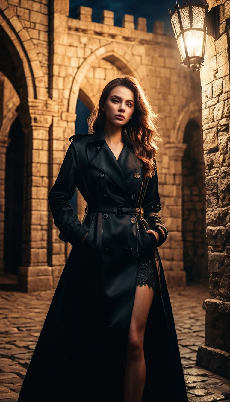 Full body shot, a beautiful sexy woman in a black trench coat, medieval castle, dark night, sword, moonlight, detailed face, intricate clothing, dramatic lighting, fantasy, cinematic, dark moody atmosphere, highly detailed, 8k, photorealistic, masterpiece
