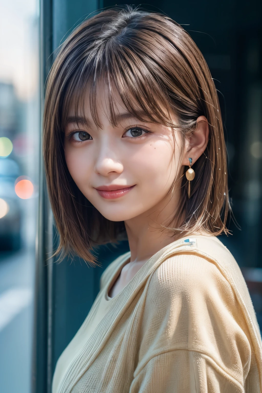 Upper Body、Beauty、Well-formed face、20-year-old、Uniform eyes、Small face、, light brown hair, hair over shoulder, parted bangs, straight hair, expressive hair, shiny hair, earrings, seductive smile, Surrealism, cinematic lighting, first-person view, pov, f/1.2, Nikon, UHD, textured skin, best quality, highres, 8k