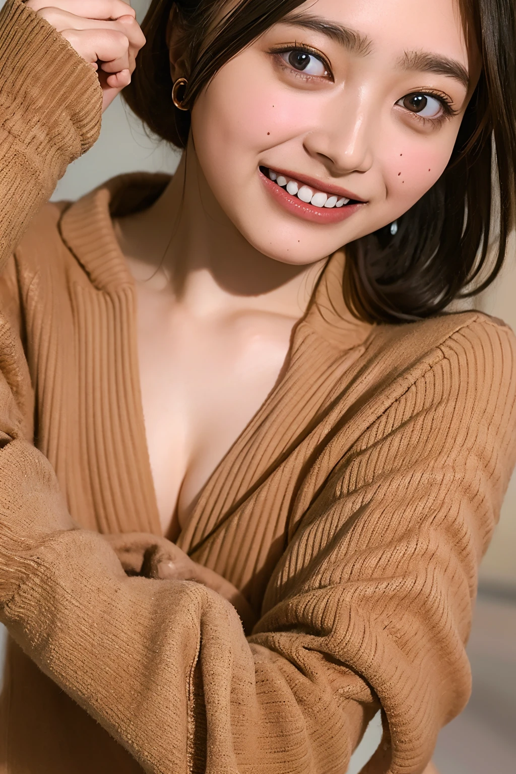 (((upper body shot))),((((Nude)))),(((nipples))),Ultra-high resolution,big eyes,Japanese,(a girl),(1 girl),pretty,grin