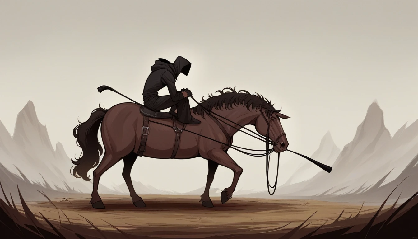 Masterpiece Illustration, detailded, hires, octane rendering, DonMT3chC057ruc7s idiot, headless humanoid figure, carry your head in one hand, neck stump, dark costume with hood and shadow, riding a horse or carriage, whip made from human spine, harbinger of death, sad expression mysterious and ominous aura     
