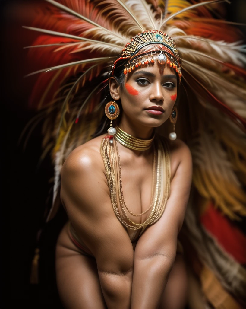 Beautiful Cherokee Indian woman with beautiful terracotta colored headdresses, blackw, doradas, cobre, Pearl, white and beige, feathers made of bright neon of various colors, flares on camera, bokeh, full moon night