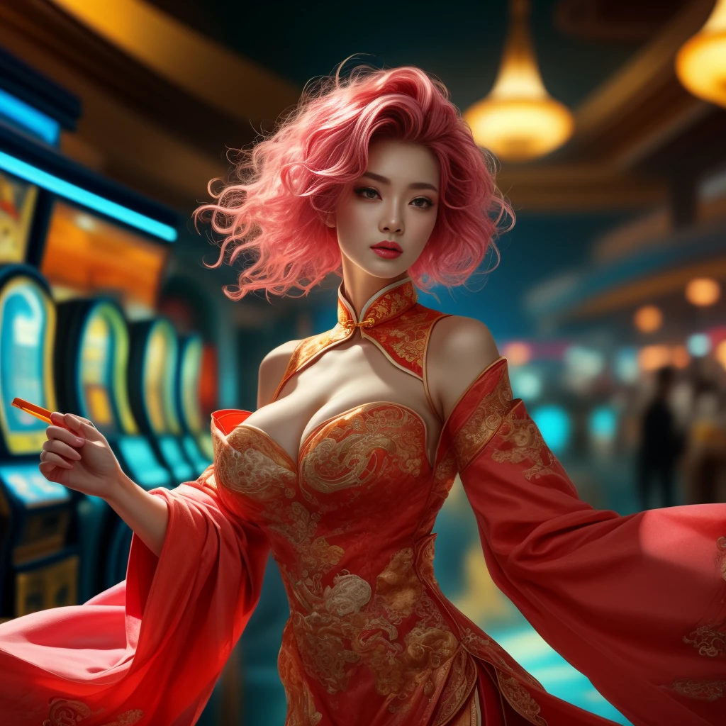 Kung Fu Master_One incredibly beautiful young woman with an incredibly beautiful figure、Large Breasts、Tight waist、Big eyes、Short pink hair、Long limbs、Glowing Skin、Wearing a colorful, detailed, form-fitting Chinese dress、At the Casino、Facing the viewer、Very detailed、Photorealistic、Cinematic lighting、Dramatic composition、Bright colors、Desaturate the background、Super detailed、8K、masterpiece