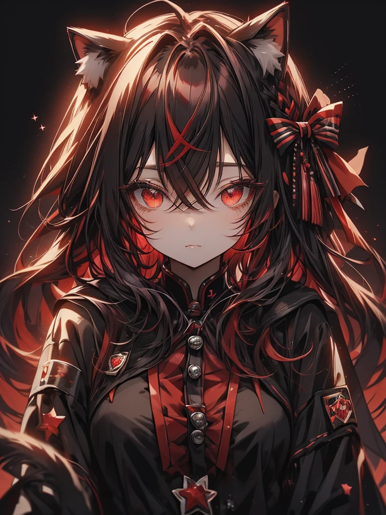 Cat ears with black and red ribbon、red Hair、red Badge、Checkmark clothing、I rest my head on my elbows and think about what to do.、✔、lollipop in mouth held with one hand, Convinced look