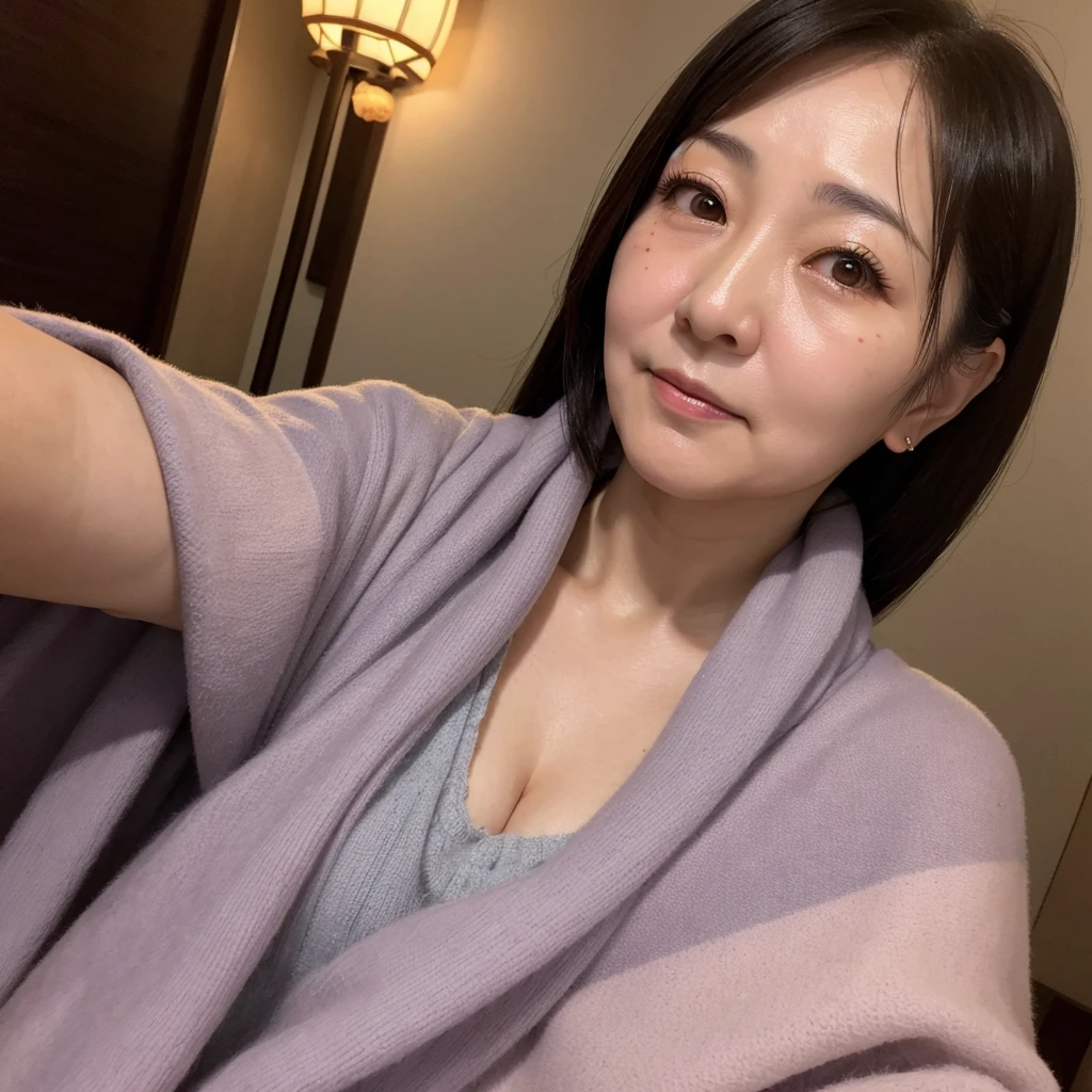 Japanese woman, waist, beautiful, night, dim, no makeup, realistic, realistic skin texture, blanket, selfie, aged 50, Age spots, sagging skin, Chubby