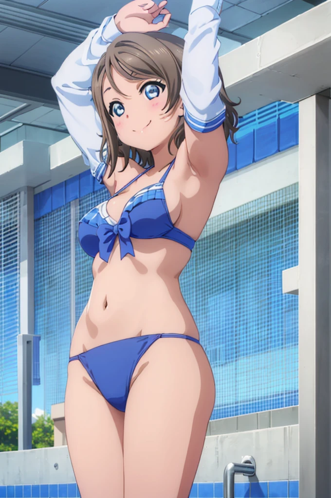 (((pixel-perfect, detail-perfect))), solo, 1girl, you watanabe, eyes azzur, smile, bikini, pool, armpit, big filesize, ultra High Qality
