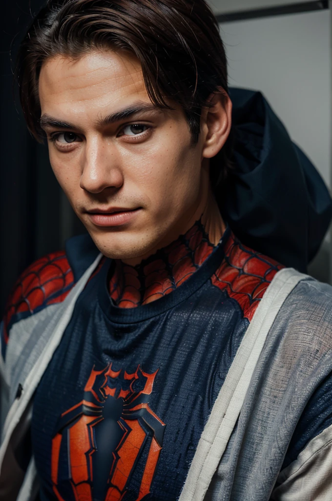 A photograph of spider man, no mask, 20 yo, handsome, detailed face, looking at camera, portrait, 8k uhd, high quality
