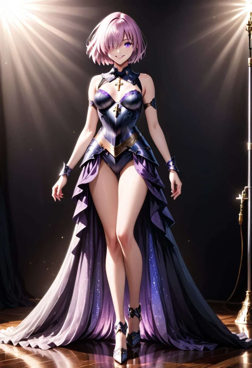 full body, (masterpiece), best quality, 1girl, (detailistic), dark armor, dark cross shield, mash kyrielight, light purple hair, short hair, hair over one eye, smile, slim body, detailed eyes, ultra-detailed, hyper-realistic, 8k, cinematic lighting, dramatic lighting, dramatic atmosphere, intricate details, exquisite details, flawless skin, beautiful face, elegant pose, powerful presence, captivating expression, vibrant colors, stunning contrast
