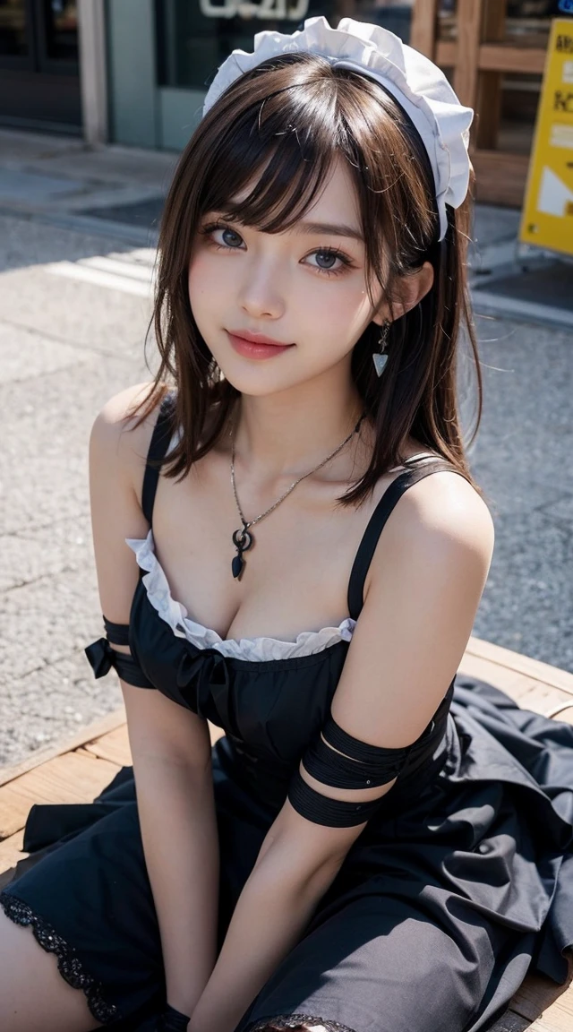 Top-quality Realistic,Official art,Highly detailed CG Unity 8k wallpaper,ultra-detailliert,hight resolution,Physically-based rendering,Magnificat,finely detail,masterpiece,Best Quality,ultra detailed, Face Light,Mature beauty,Beautiful girl,1girl,moist lips,sexy lips,Sexy smile,Gentle smile, 20 years old, Beautiful bare skin,Smooth bare skin,(Beautiful and radiant skin), big well-shaped breasts, beautiful cleavage,beautiful Mature body,swept bangs,(Medium hair:1.3), beautiful detailed eyes,model shoot style,Japanese Idol, Half-body,(In the Shopping mall:1.2),((standing position and model posing)),BREAK,nsfw,((Bondage Gothic Maid:1.3)),BREAK,(Heart shaped necklace),(Triangle ornament earrings),BREAK, (gentle smile like a goddess),looking at the camera,shoot from above,seductively posing,(Extreme close-up),((sitting on a triangular horse))