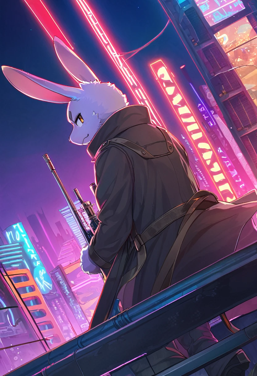 ((Masterpiece)), ((Best Quality)), (Very Detailed), ((Very Detailed)), 4K, (8K), very aesthetic, absurdres highres, 1man, anthropomorphic rabbit, furry, kemono, A sniper wearing a black trench coat, with a sniper rifle, on the rooftop of a high-rise building, with more specific elements such as the city's neon lights, a detailed view of the rifle, and the sniper's focused expression.