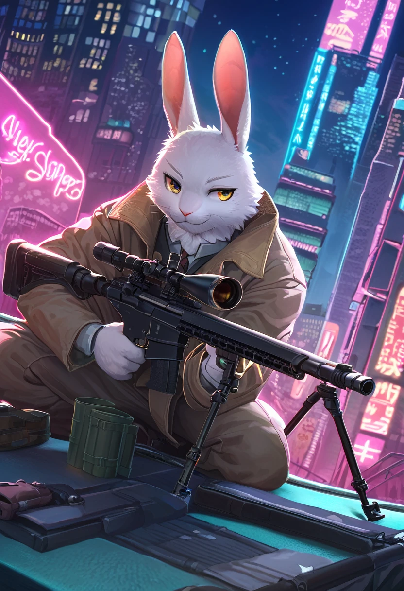 ((Masterpiece)), ((Best Quality)), (Very Detailed), ((Very Detailed)), 4K, (8K), very aesthetic, absurdres highres, 1man, anthropomorphic rabbit, furry, kemono, A sniper wearing a black trench coat, with a sniper rifle, on the rooftop of a high-rise building, with more specific elements such as the city's neon lights, a detailed view of the rifle, and the sniper's focused expression.