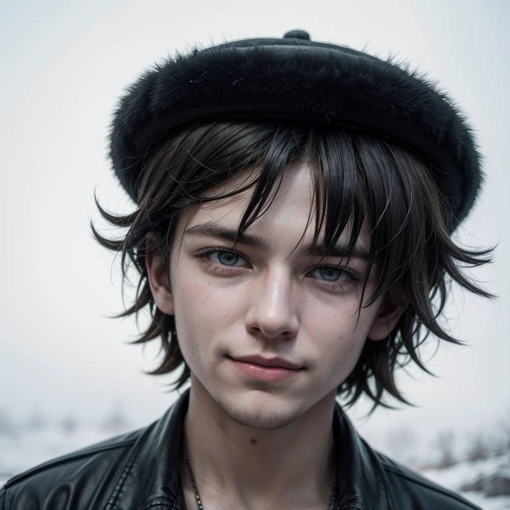 a depressed grunge boy with a tired smile wearing a russian soviet ushanka hat, detailed face, highly detailed, cinematic lighting, dramatic shadows, moody colors, gritty, photorealistic, digital art, concept art, art by trending digital artists, best quality, 8k, high resolution, masterpiece
