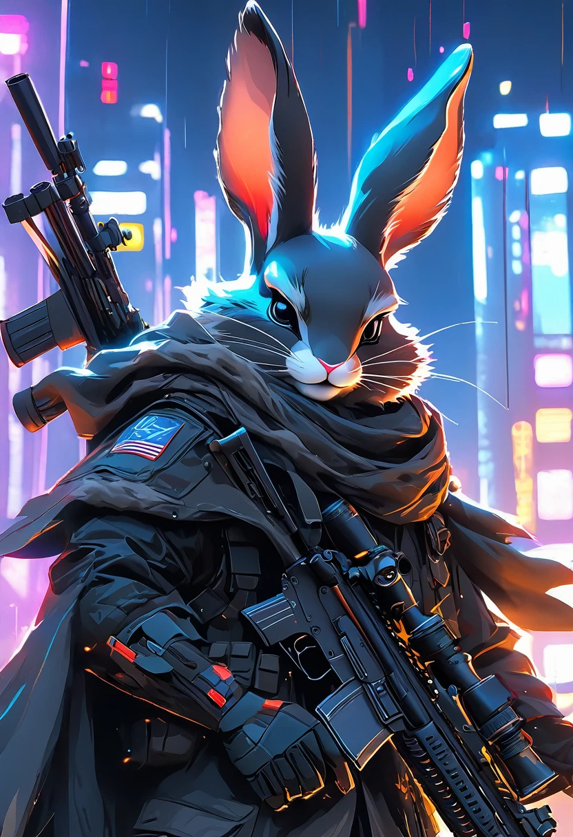 ((Masterpiece)), ((Best Quality)), (Very Detailed), ((Very Detailed)), 4K, (8K), very aesthetic, absurdres highres, 1man, anthropomorphic rabbit, furry, kemono, A sniper wearing a black trench coat, with a sniper rifle, on the rooftop of a high-rise building, with more specific elements such as the city's neon lights, a detailed view of the rifle, and the sniper's focused expression.
