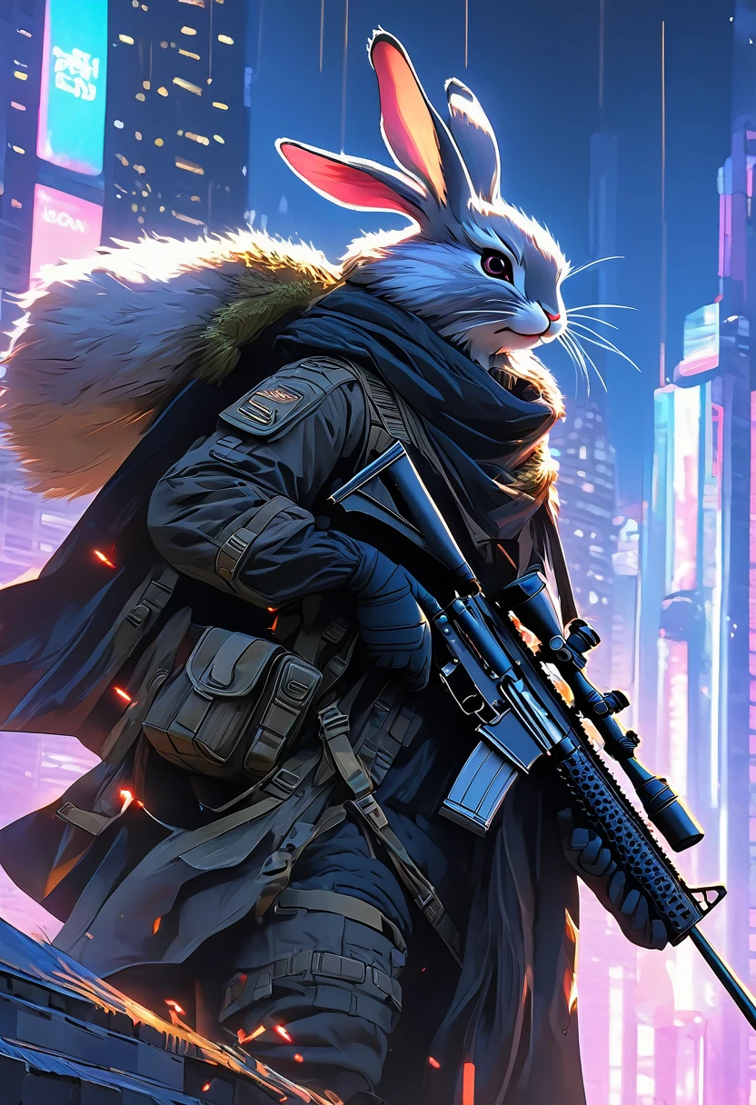((Masterpiece)), ((Best Quality)), (Very Detailed), ((Very Detailed)), 4K, (8K), very aesthetic, absurdres highres, 1man, anthropomorphic rabbit, furry, kemono, A sniper wearing a black trench coat, with a sniper rifle, on the rooftop of a high-rise building, with more specific elements such as the city's neon lights, a detailed view of the rifle, and the sniper's focused expression.