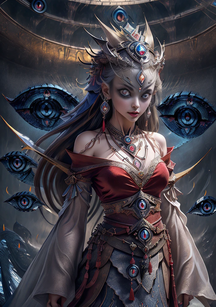 Best quality, masterpiece, ultra-detailed high resolution, (charming: 2.0), (very seductive hot eyes: 2.0), (realistic: 1.4), original photos, illustrations, wanjian, multiple weapons (luminous weapons) 1 girl dancing, (Solo: 1.2), (Cowboy Lens: 1.2), (Hair Crown: 1.2), Chinese Dunhuang Traditional Costumes, (Red Eyeliner: 1.2), (Evil: 1.4), (V-Neck: 1.5), (Large Necklace: 1.4), Lace Armor, (Evil Eye: 2.0), (Audience: 1.5), Earrings, Dynamic Angle, Opera House, messy_long_hair, Ink, Cinema Lighting, lens_flare, Velvet, Tassels, Ribbons, Color Embroidery, white gold red,