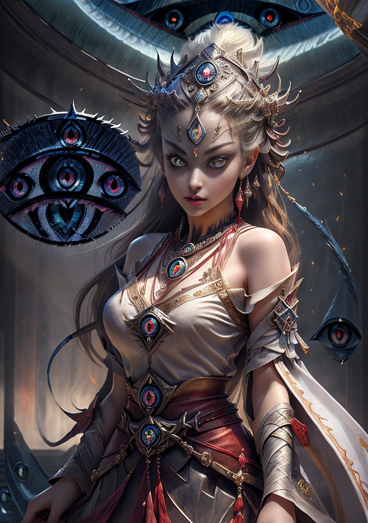 Best quality, masterpiece, ultra-detailed high resolution, (charming: 2.0), (very seductive hot eyes: 2.0), (realistic: 1.4), original photos, illustrations, wanjian, multiple weapons (luminous weapons) 1 girl dancing, (Solo: 1.2), (Cowboy Lens: 1.2), (Hair Crown: 1.2), Chinese Dunhuang Traditional Costumes, (Red Eyeliner: 1.2), (Evil: 1.4), (V-Neck: 1.5), (Large Necklace: 1.4), Lace Armor, (Evil Eye: 2.0), (Audience: 1.5), Earrings, Dynamic Angle, Opera House, messy_long_hair, Ink, Cinema Lighting, lens_flare, Velvet, Tassels, Ribbons, Color Embroidery, white gold red,