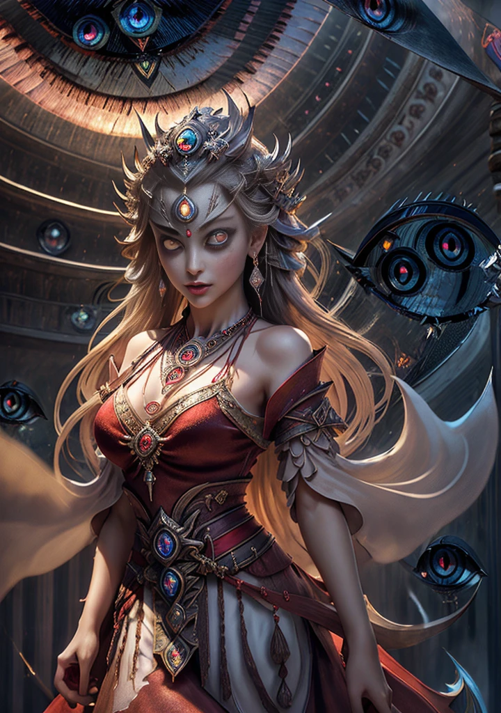 Best quality, masterpiece, ultra-detailed high resolution, (charming: 2.0), (very seductive hot eyes: 2.0), (realistic: 1.4), original photos, illustrations, wanjian, multiple weapons (luminous weapons) 1 girl dancing, (Solo: 1.2), (Cowboy Lens: 1.2), (Hair Crown: 1.2), Chinese Dunhuang Traditional Costumes, (Red Eyeliner: 1.2), (Evil: 1.4), (V-Neck: 1.5), (Large Necklace: 1.4), Lace Armor, (Evil Eye: 2.0), (Audience: 1.5), Earrings, Dynamic Angle, Opera House, messy_long_hair, Ink, Cinema Lighting, lens_flare, Velvet, Tassels, Ribbons, Color Embroidery, white gold red,