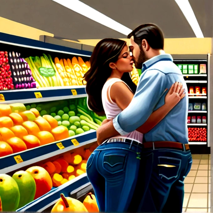 (Best Quality, realist), A couple enjoying a romantic moment in a crowded supermarket., the wife is wearing jeans and a transparent shirt, curvy while her husband pushes her (encoxada) these issues, from behind, She bends down to pick fruit and her husband is behind her., hug from behind, realistic hands, he has his pants down