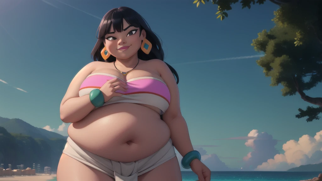 (work of art:1.2, best qualityer:1.2), soft ambient lighting, perfect lighting, 1 girl, standing alone, Chel, Bblack hair, long hair, rhombus stripe, eyes browns, darkskin, lipstick, breasts big, Broad Hips, top of the tube, neckleace, bared shoulders, emerald earrings, emerald bracelets, looking at the camera with a smug expression on his face, beach background, very large body, fat belly rolls, ssBBW, big breasts, sexy smile, fat arms, thunder thighs, super fat, BBW, looking at viewer