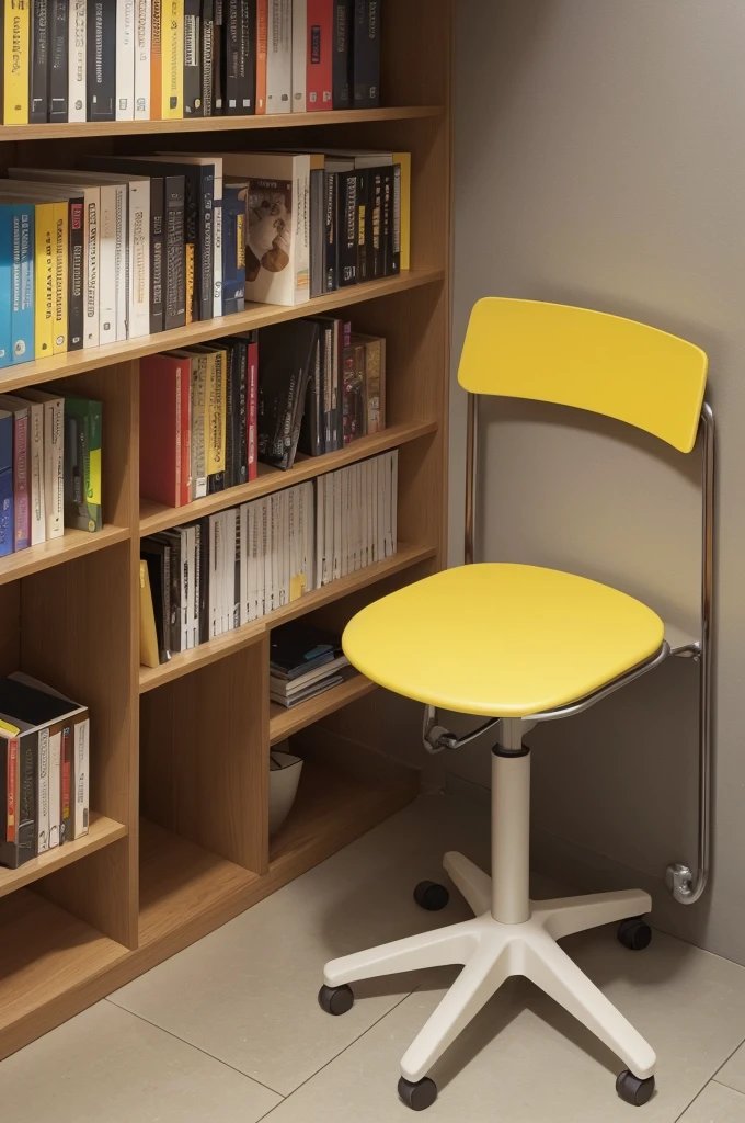 The image shows a chair with an innovative design. The structure of the chair is circular, with a yellow cushioned seat in the center. Around the seat, there are several vertical dividers that form a storage space, where several books are stored. The chair combines functionality and comfort, allowing the person to sit and have easy access to different books around them.