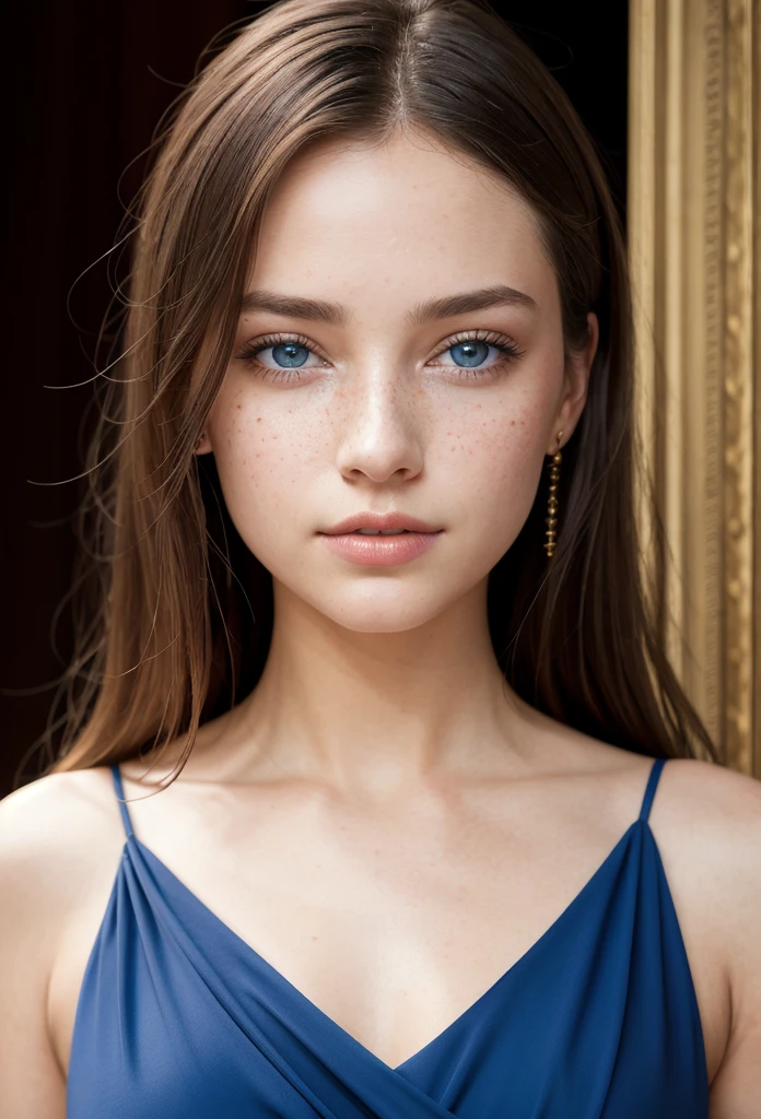 A breathtakingly realistic, photorealistic masterpiece capturing the intricate details of a young woman with piercing blue eyes and a flawless structure. The artwork is a close-up that emphasizes her delicate features, focusing primarily on the upper half of her body. Her blue eyes, the centerpiece of the composition, are so vividly rendered that they seem to pierce the soul of the beholder, revealing a depth of emotion and character that transcends the two-dimensional plane. The lighting is exquisite, casting subtle shadows that accentuate the curves of her high cheekbones, the bridge of her perfect nose, and the softness of her full, pink lips. Her skin is an ethereal blend of porcelain and rose, with the tiniest of freckles scattered across the bridge of her nose, adding to the lifelike quality of the portrait. Her hair, a cascade of golden locks, frames her face with a softness that appears to have been meticulously painted with the finest of brushes. The most striking feature of the image is the woman's ample bosom, which is presented in a way that is both sensual and artistic, with the folds and shadows creating a visual symphony of shapes and textures. Each strand of hair, each eyelash, and every bead of moisture on her lips are rendered with such precision that it's easy to mistake the picture for a high-definition photograph. The background, a soft gradient of blues and purples, complements her fair complexion and draws the viewer's gaze back to the stunning subject. The painting's best quality lies in its ability to evoke a sense of intimacy and vulnerability, inviting the viewer to ponder the woman's thoughts and emotions, all while marveling at the artist's unparalleled skill in capturing the essence of beauty.