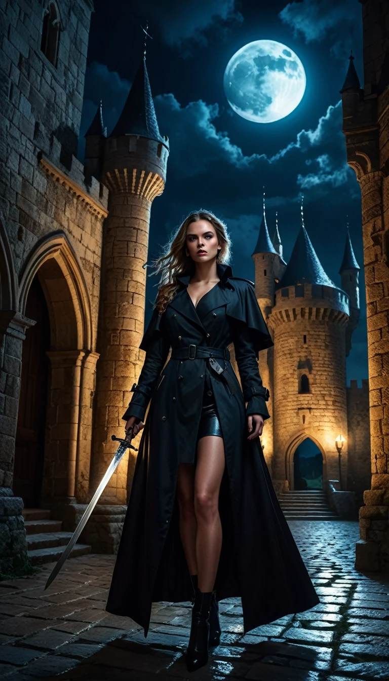 Full body shot, dark fantasy, a beautiful sexy woman in a black trench coat, medieval castle, dark night, sword, moonlight, detailed face, intricate clothing, dramatic lighting, fantasy, cinematic, dark moody atmosphere, highly detailed, 8k, photorealistic, masterpiece