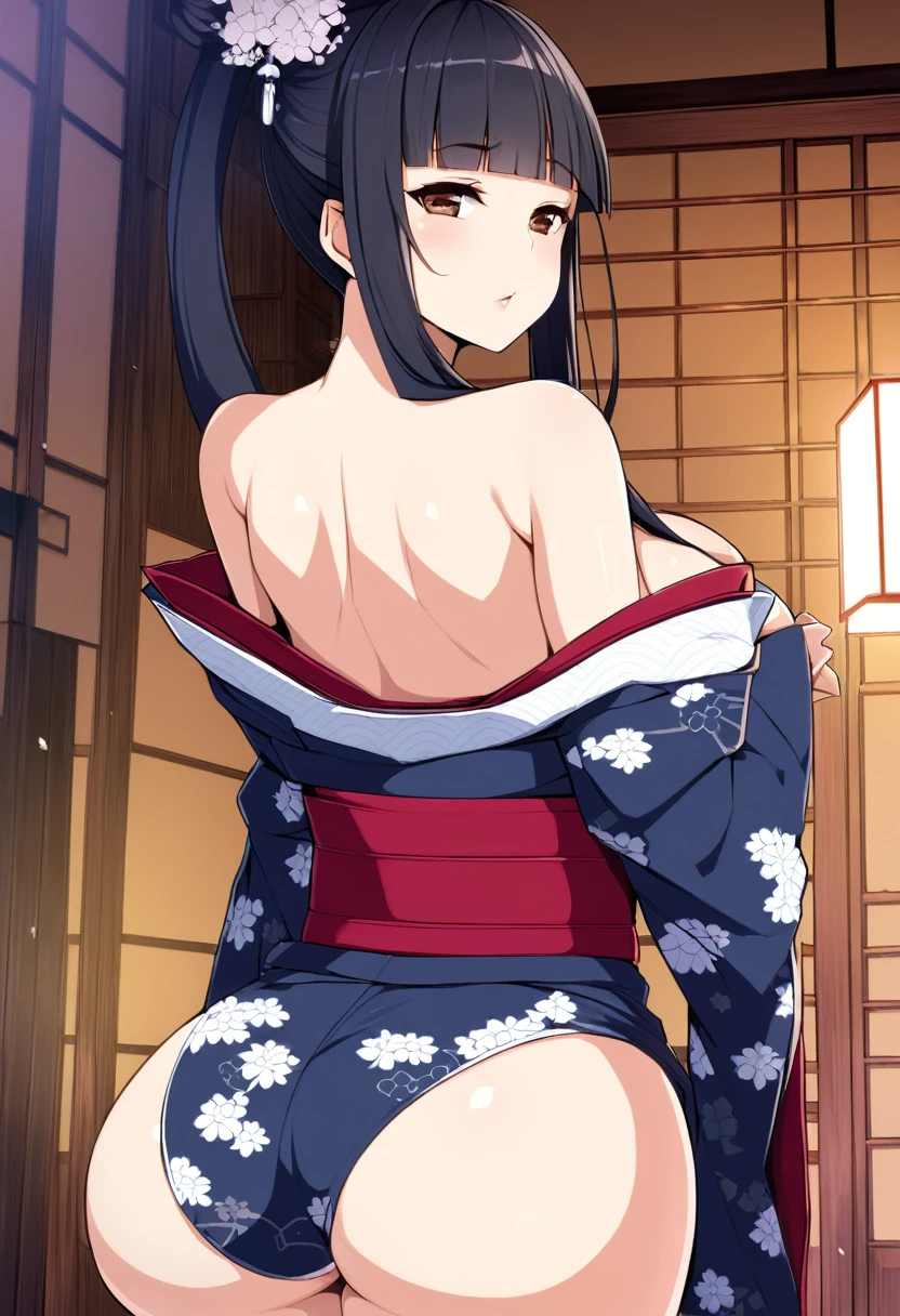 black hair, brown eyes, very long hair, blunt bangs, sidelocks, lady big breast, wide hips, big thighs, , curvy hips, curvy, kimono, cleavage.japanese room,from behind,ass