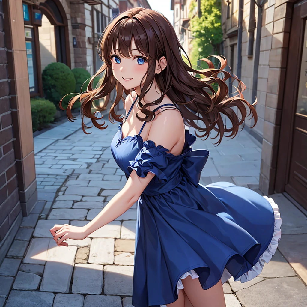 girl with wavy chestnut hair。blue eyes。A glamorous figure of a -yeld、Weng a blue medieval dress。Bright smile