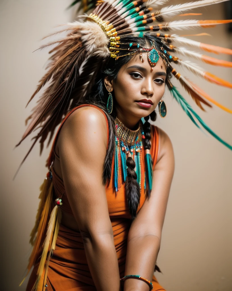 Beautiful Cherokee Indian woman with beautiful terracotta colored headdresses, blackw, doradas, cobre, Pearl, white and beige, feathers made of bright neon of various colors, flares on camera, bokeh, full moon night
