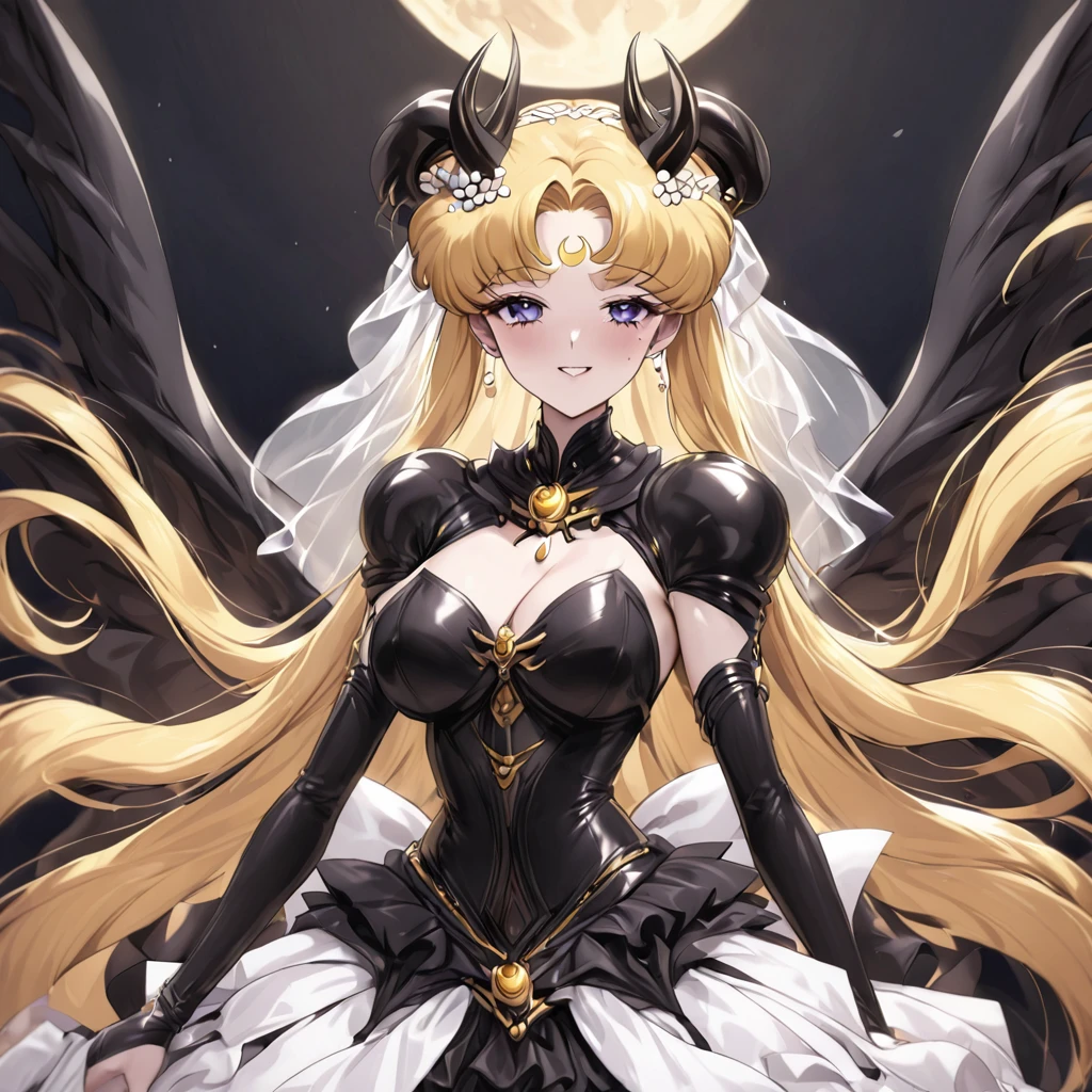 ((Highest quality)), ((masterpiece)), (detailed), （Perfect Face）、The woman is the demon queen princess Serenity, the queen of darkness  with the demon king, and the woman is the jet black,  demon princess Serenity、The woman is a jet-black female demon with magnificent devil horns, jet-black devil wings, and a jet-black tail. Her skin is jet-black, and she has a black moon mark on her forehead. She is a devil bride wearing a luxurious black gothic Victorian wedding dress and a black wedding veil. She is the jet-black demon Princess Serenity, and has blonde hair with a happy expression as she looks at the camera.２The expression of a girl in love with her long hair tied up、She is Princess Serenity、Punishment pose on behalf of the moon