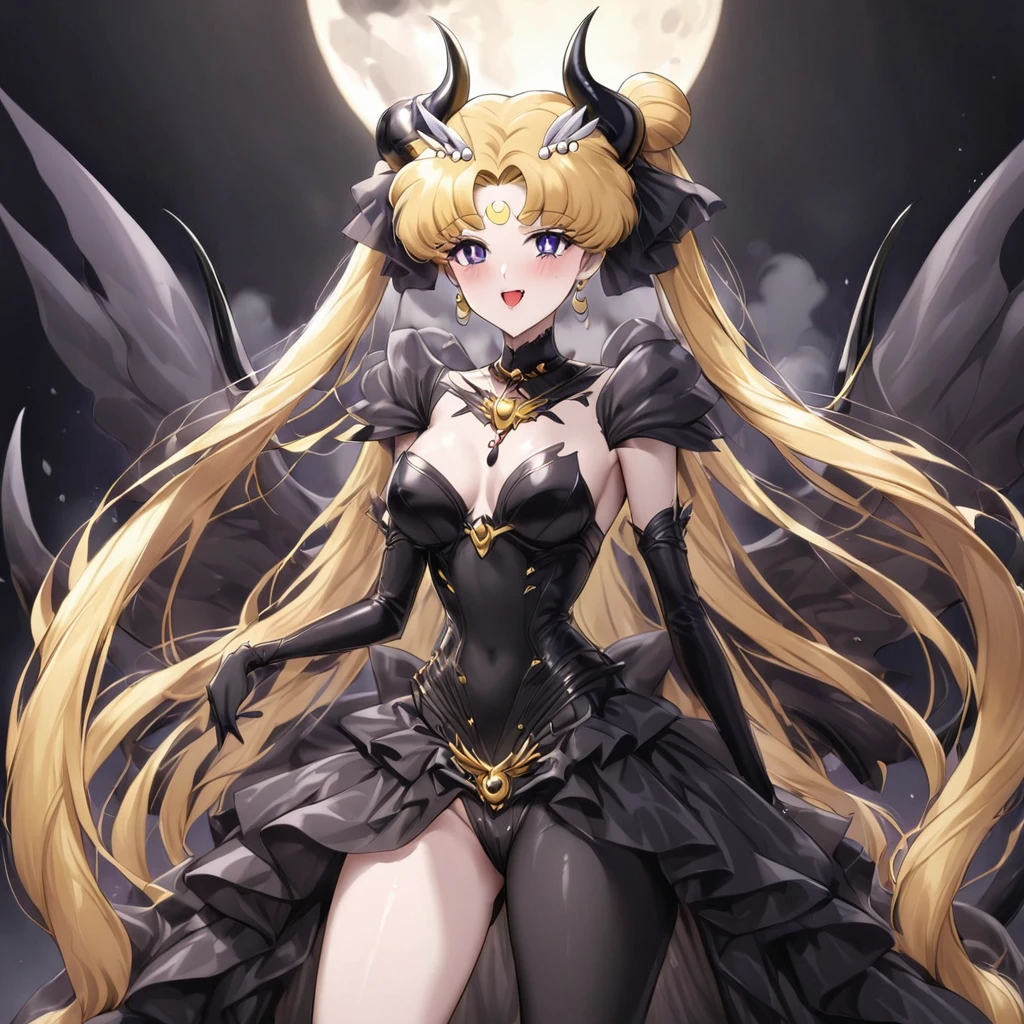 ((Highest quality)), ((masterpiece)), (detailed), (Perfect Face)、The woman is the demon queen princess Serenity, the queen of darkness having sex with the demon king, and the woman is the jet black, sexy demon princess Serenity、The woman is a jet-black female demon with magnificent devil horns, jet-black devil wings, and a jet-black tail. Her skin is jet-black, and she has a black moon mark on her forehead. She is a devil bride wearing a luxurious black gothic Victorian wedding dress and a black wedding veil. She is the jet-black demon Princess Serenity, and has blonde hair with a happy expression as she looks at the camera.2The expression of a girl in love with her long hair tied up、She is Princess Serenity、Punishment pose on behalf of the moon