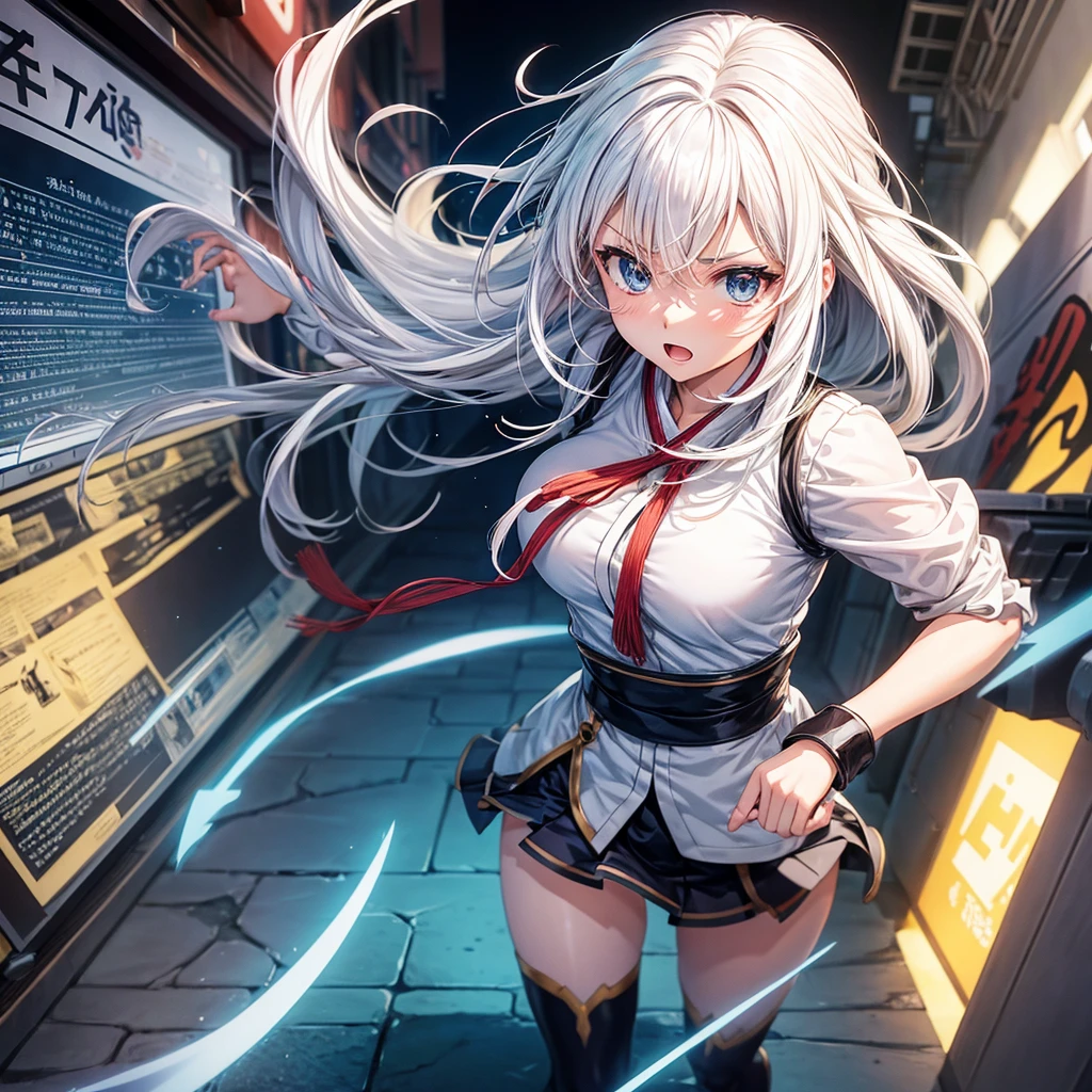 Girl with white hair hero, shonen anime style, Kyoto Animation Studio, action pose