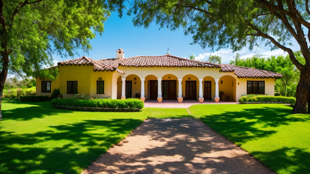 Mexican style country house on a striking summer day with blue sky. Beautiful residential area home. Real Estate Properties. - High Resolution Image