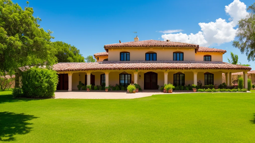 Mexican style country house on a striking summer day with blue sky. Beautiful residential area home. Real Estate Properties. - High Resolution Image