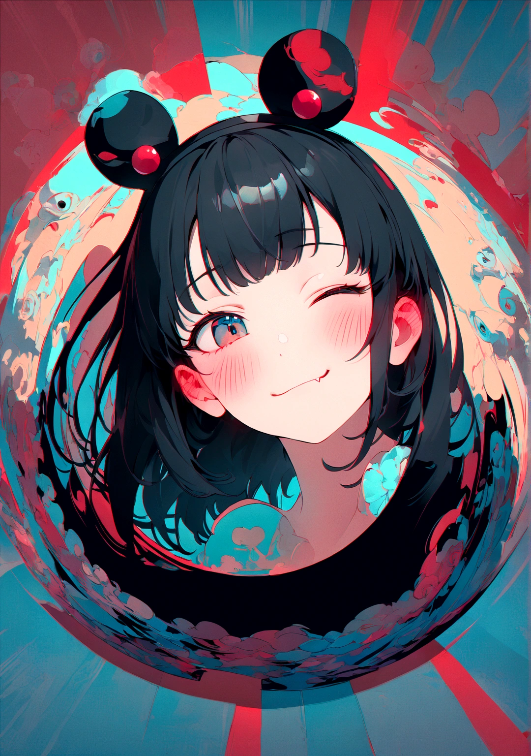 black hair, hair bobbles, wince, longeyelashes, solid circle eyes, fake animal ears, light smile, ear blush, fang, Surrealism, drop shadow, anaglyph, stereogram, tachi-e, pov, atmospheric perspective, 8k, super detail, ccurate, best quality