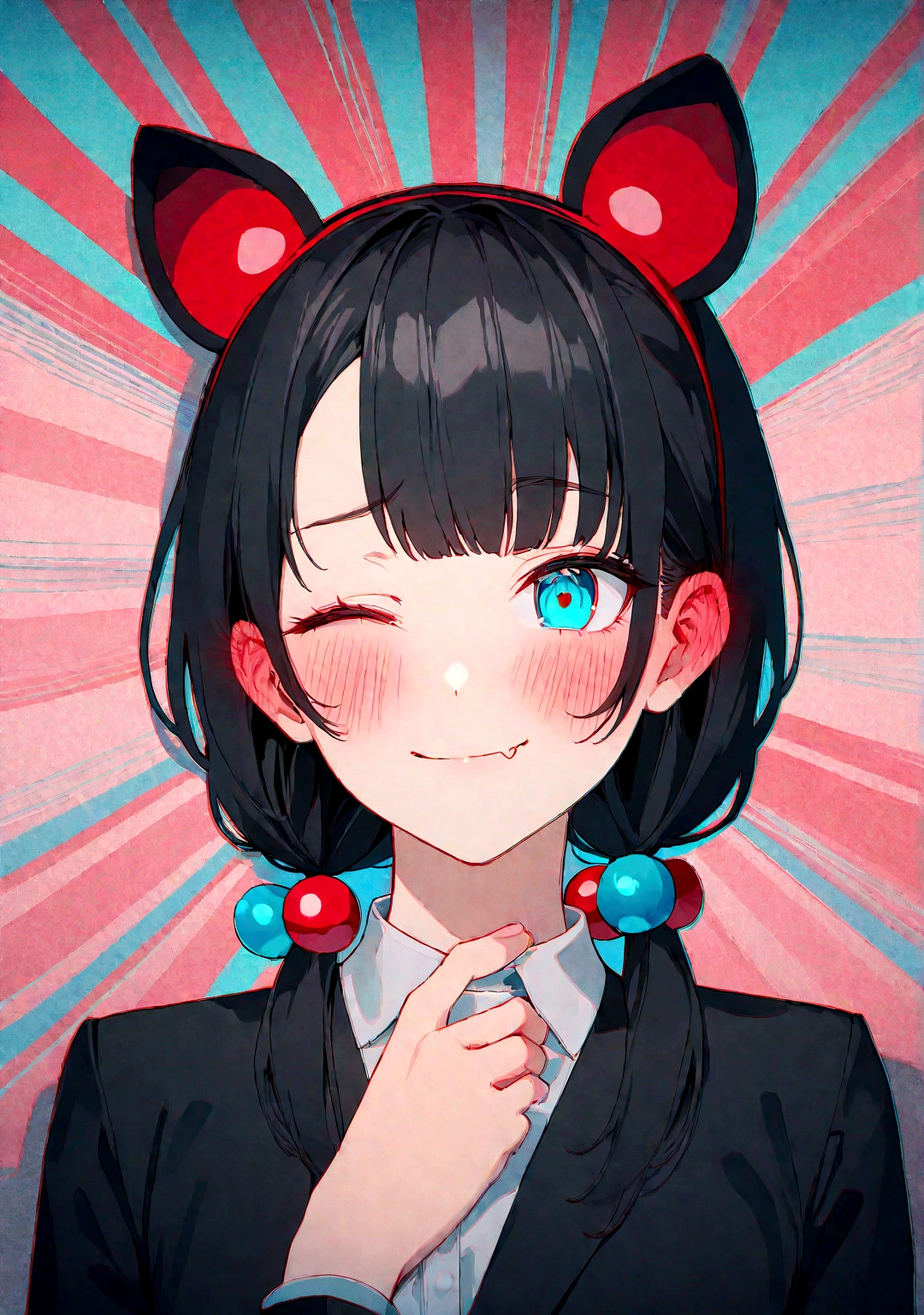 black hair, hair bobbles, wince, longeyelashes, solid circle eyes, fake animal ears, light smile, ear blush, fang, Surrealism, drop shadow, anaglyph, stereogram, tachi-e, pov, atmospheric perspective, 8k, super detail, ccurate, best quality