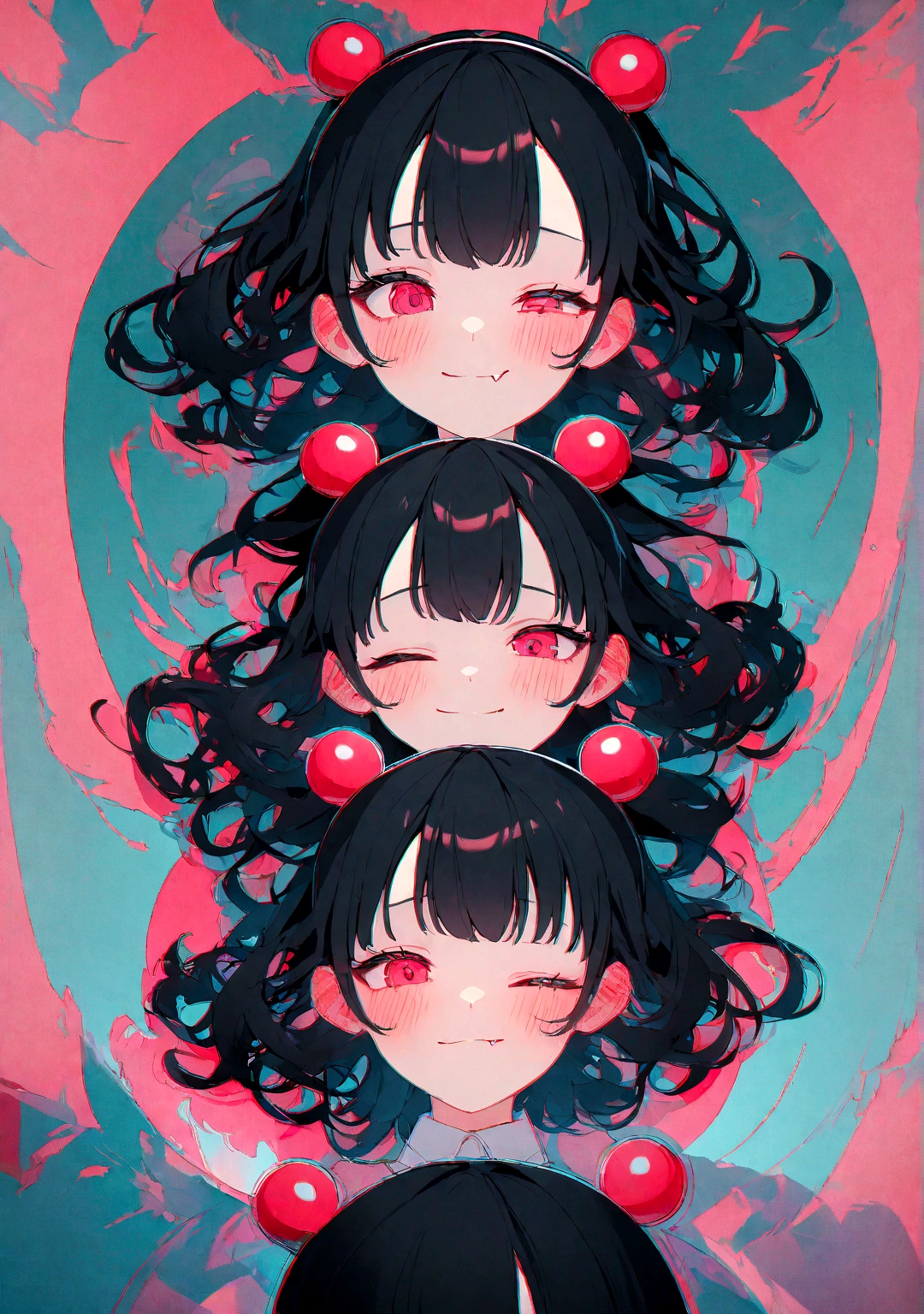 black hair, hair bobbles, wince, longeyelashes, solid circle eyes, fake animal ears, light smile, ear blush, fang, Surrealism, drop shadow, anaglyph, stereogram, tachi-e, pov, atmospheric perspective, 8k, super detail, ccurate, best quality