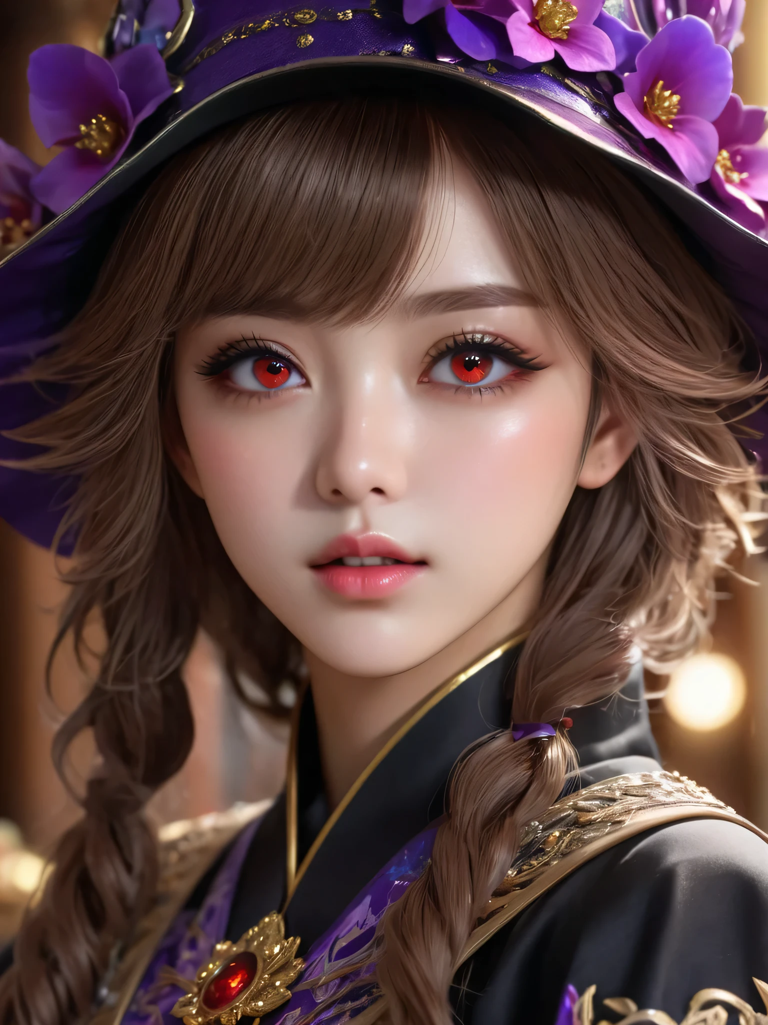 face, closeup, closeup shot, shiny hair, shiny clothes, shiny, extremely detailed eyes, extreme details, realistic, cinematic, detailed, masterpiece, 4k, 8k, , PunkAI,, FantasyAI_Burple,, indoors, hu tao (genshin impact), genshin impact, hat, symbol-shaped pupils, red eyes, brown hair, star-shaped pupils, flower-shaped pupils, bangs, black nails, black headwear 