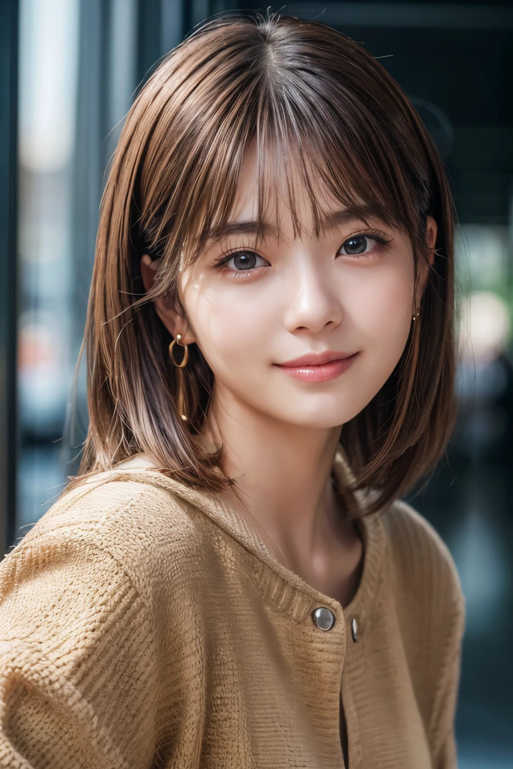 Upper Body、Beauty、Well-formed face、20-year-old、Uniform eyes、Small face、, light brown hair, hair over shoulder, parted bangs, straight hair, expressive hair, shiny hair, earrings, seductive smile, Surrealism, cinematic lighting, first-person view, pov, f/1.2, Nikon, UHD, textured skin, best quality, highres, 8k