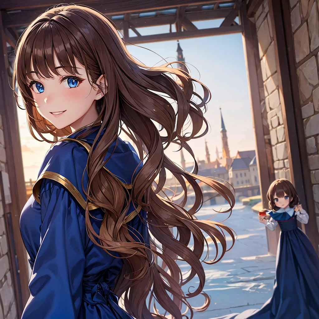 girl with wavy chestnut hair。blue eyes。A glamorous figure of a -yeld、Weng a blue medieval dress。Bright smile