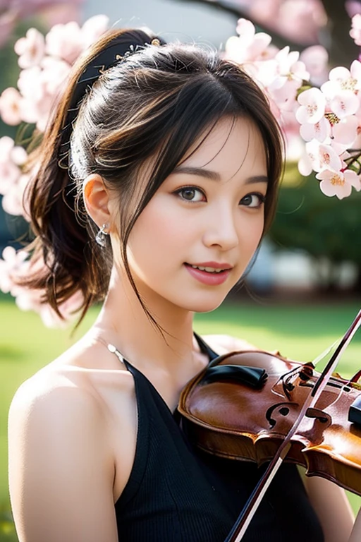 (a gorgeous lady, age 18, she is playing a violin, cherry blossoms festival, dimples, focused expression, cute snaggle-tooth, short hair ponytail, beautiful detailed face, beautiful detailed eyes, ample round bosom, photorealistic, hyper-realism, high contrast, ultra HD, realistic skin textures, top image quality, top-quality, super high resolution, fine details, very meticulously, masterpiece, head to thigh, the Cowboy shot, romantic feel, bokeh background)