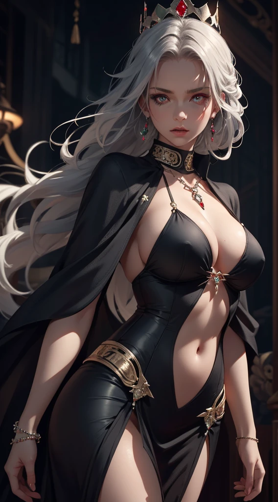 16K, HDR, RTX, realistic, wlop, aeolian, Sexy queen, perfect boob, wearing are sext silver-black warrior queen halterneck dress, realistic, jewelry, jade, ruby, diamonds, body chains, glowing detailed eyes, smooth skin, cool, edgy
