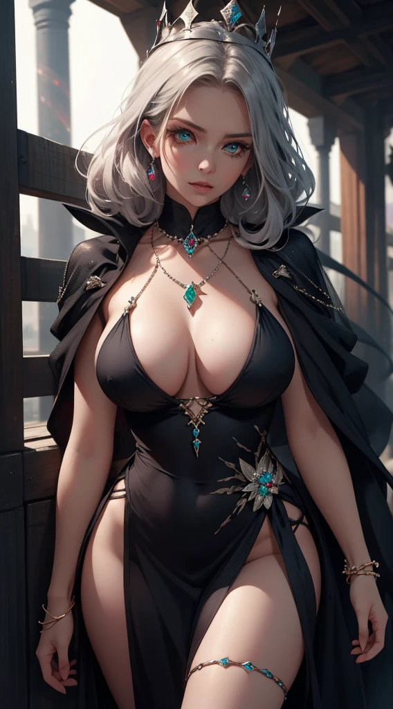 16K, HDR, RTX, realistic, wlop, aeolian, Sexy queen, perfect boob, wearing are sext silver-black warrior queen halterneck dress, realistic, jewelry, jade, ruby, diamonds, body chains, glowing detailed eyes, smooth skin, cool, edgy