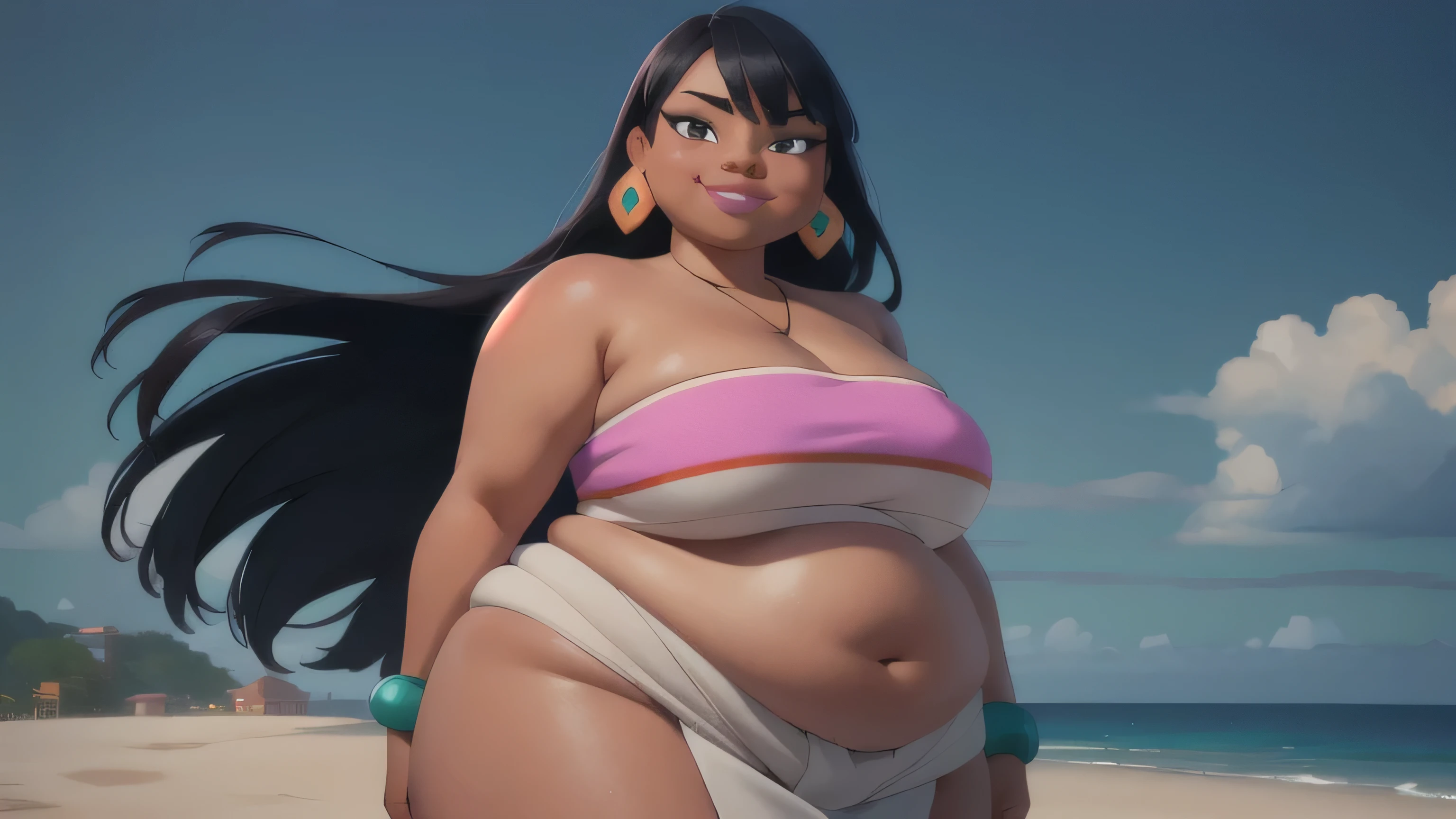 (work of art:1.2, best qualityer:1.2), soft ambient lighting, perfect lighting, 1 girl, standing alone, Chel, Bblack hair, long hair, rhombus stripe, eyes browns, darkskin, lipstick, breasts big, Broad Hips, top of the tube, neckleace, bared shoulders, emerald earrings, emerald bracelets, looking at the camera with a smug expression on his face, beach background, very large body, fat belly rolls, ssBBW, big breasts, sexy smile, fat arms, thunder thighs, super fat, BBW, looking at viewer