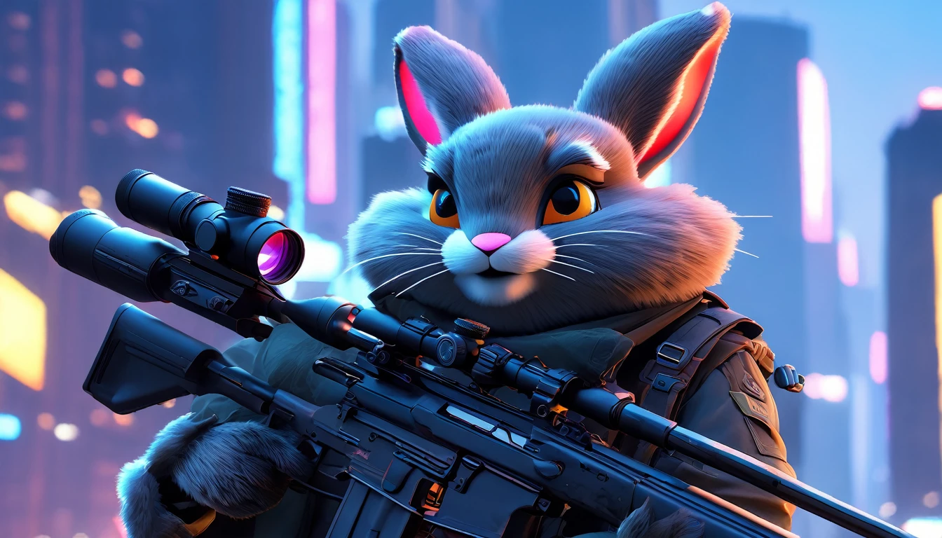 ((Masterpiece)), ((Best Quality)), (Very Detailed), ((Very Detailed)), 4K, (8K), very aesthetic, absurdres highres, 1man, anthropomorphic rabbit, furry, kemono, A sniper wearing a black trench coat, with a sniper rifle, on the rooftop of a high-rise building, with more specific elements such as the city's neon lights, a detailed view of the rifle, and the sniper's focused expression.