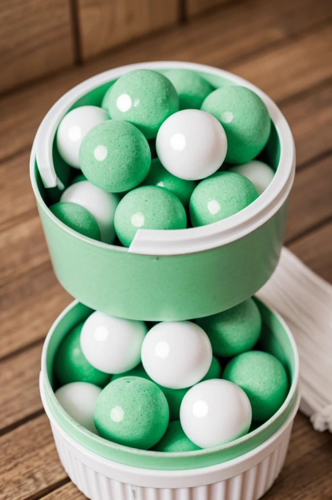 mantecadas with mint-colored container . with white balls