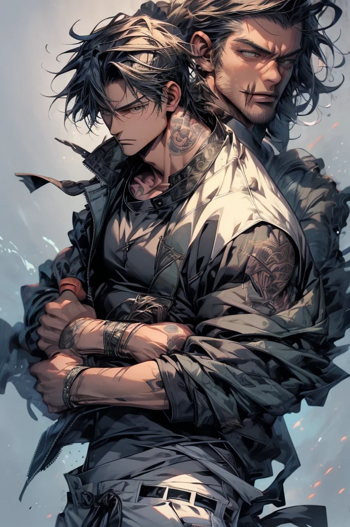 (masterpiece, best quality:1.2) solo, male focus, 40 years old fushiguro toji, muscular male, expressionless, black clothes, jacket, closed mouth ,tattoo, hands in pockets , perfect fit, grey color pants (Make old Pos:1.0)
