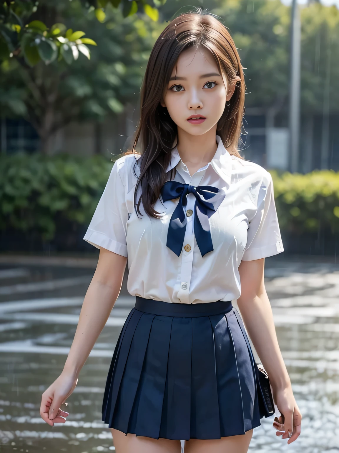 (high quality), (Realistic photos)、No audience、((Rainy nature park:1.5))、((Dark rainy sky:1.4))、((Rain-soaked hair:1.4))、((A confused high school girl and a Japanese man trying to talk to her:1.4)) 、((A long-haired high school girl wearing a Japanese uniform:1.4))、((Photographed from the front:1.4))、((A high school girl wearing a dark blue bow tie:1.4))、blush、Cleft lip、Looking at the audience、Semi Body Shot、(National High School Designated Shoes)、(High school girl in a navy blue short pleated skirt:1.5)、(Female high school student wearing a short-sleeved white shirt)、 (High school girl wearing a dark blue bow tie:1.2)、(((High School Girl Uniform 1.4)))、(((White short sleeve low cut button front shirt、Dark blue ribbon:1.5)))、((White shirt:1.4))、((Ultra micro mini dark blue pleated skirt)) 、((whiteTJapanese man wearing a shirt and denim pants:1.4))、((in a natural park:1.4))、Daytime、((A high school girl glares at a Japanese man:1.7))、((A high school girl wearing a navy blue pleated skirt:1.4))、((Medium-sized high school girl:1.4))、((A high school girl with a confused expression:1.4))、