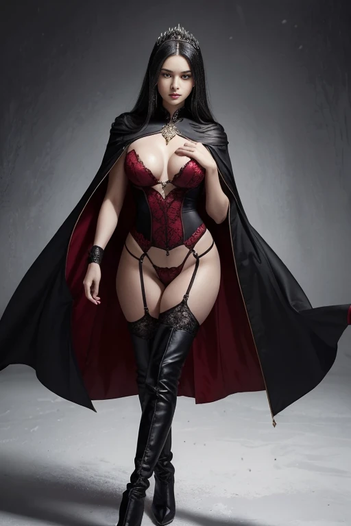 female, evil, 19 years old , black hair and blue eyes, haughty, LEADER, face detailed, beautiful  face, curved, Cao Cao, plumpness, dress with cape neckline, design with christian cross , snow background in Prussia,with aristocratic features and mesmerizing eyes, is to seduce someone in a dark and mysterious environment. She is dressed in elegant clothes and displays an aura of power and mystery.... Your gaze is penetrating and seductive, as she uses her manipulation skills to lure the victim closer, involving her in a dangerous game of desire and fascination. The atmosphere around you is charged with tension and excitement., with shadows dancing around, further enhancing the atmosphere of seduction and mystery, wearing red lingerie, nsfw, high heel boots 