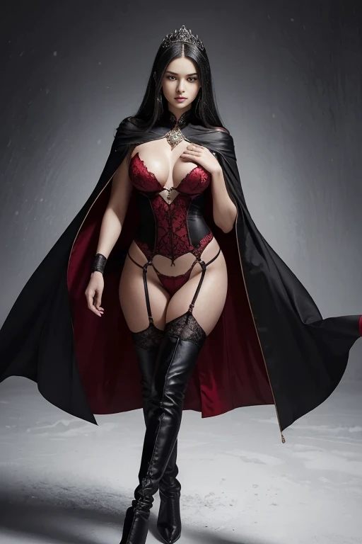female, evil, 19 years old , black hair and blue eyes, haughty, LEADER, face detailed, beautiful face, curved, Cao Cao, plumpness, dress with cape neckline, design with christian cross , snow background in Prussia,with aristocratic features and mesmerizing eyes, is to seduce someone in a dark and mysterious environment. She is dressed in elegant clothes and displays an aura of power and mystery.... Your gaze is penetrating and seductive, as she uses her manipulation skills to lure the victim closer, involving her in a dangerous game of desire and fascination. The atmosphere around you is charged with tension and excitement., with shadows dancing around, further enhancing the atmosphere of seduction and mystery, wearing red lingerie, nsfw, high heel boots